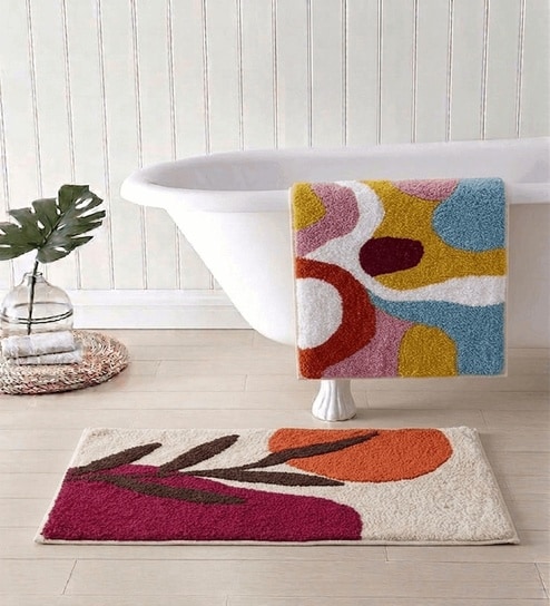 Multicolor Cotton 16X24 Inches Anti-Skid Bath Mat Set Of 2
