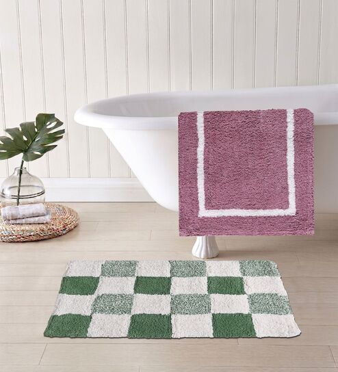 Green And Purple Cotton 16X24 Inches Anti-Skid Bath Mat Set Of 2