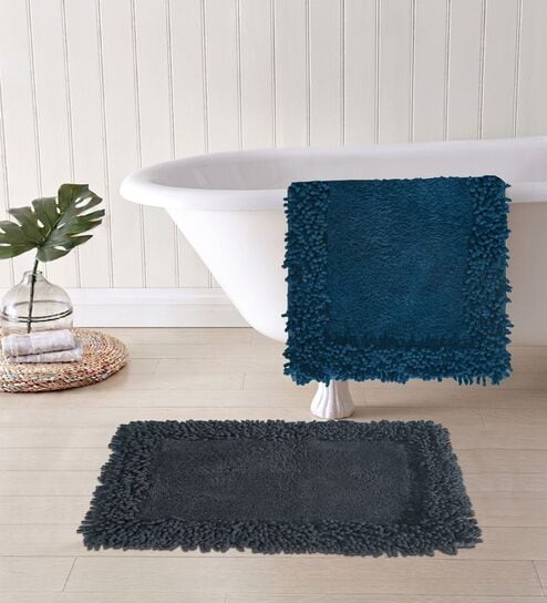 Grey And Blue Cotton 16X24 Inches Anti-Skid Bath Mat Set Of 2