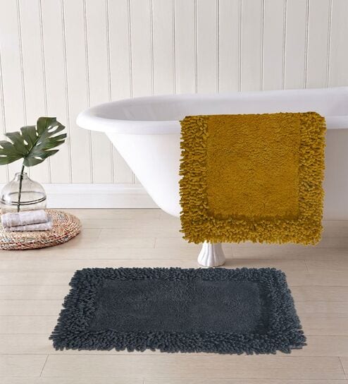 Grey And Yellow Cotton 16X24 Inches Anti-Skid Bath Mat Set Of 2