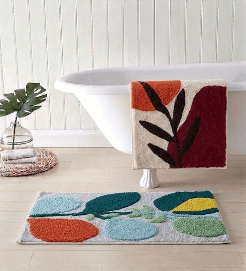 Multicolor Cotton 16X24 Inches Anti-Skid Bath Mat Set Of 2