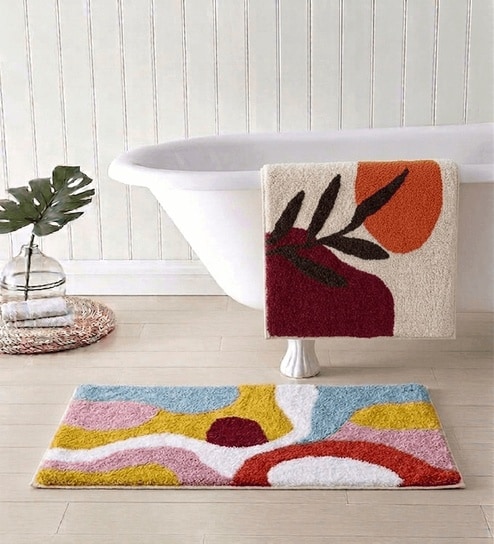 White Cotton 16X24 Inches Anti-Skid Bath Mat Set Of 2