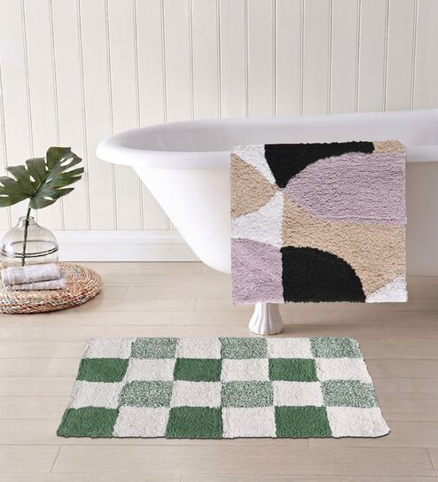 Multicolor Cotton 16X24 Inches Anti-Skid Bath Mat Set Of 2