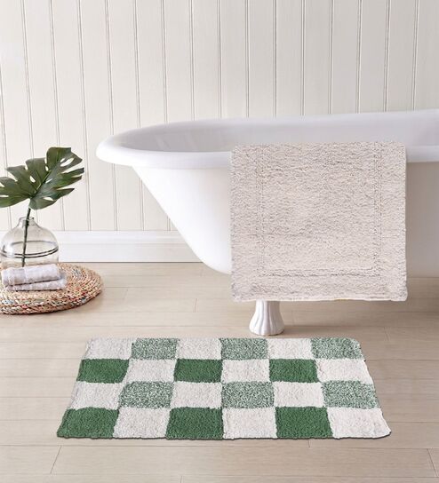 Green Cotton 16X24 Inches Anti-Skid Bath Mat Set Of 2