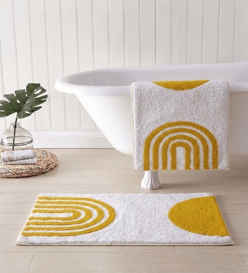 Yellow And White Cotton 16X24 Inches Anti-Skid Bath Mat Set Of 2