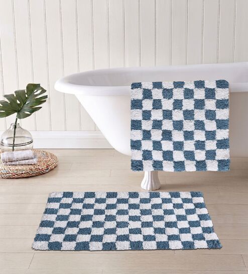 Blue And White Cotton 16X24 Inches Anti-Skid Bath Mat Set Of 2