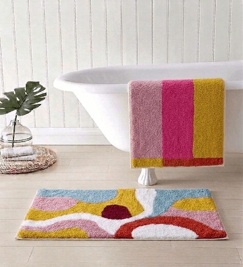 Pink Cotton 16X24 Inches Anti-Skid Bath Mat Set Of 2