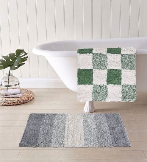 Grey And Green Cotton 16X24 Inches Anti-Skid Bath Mat Set Of 2