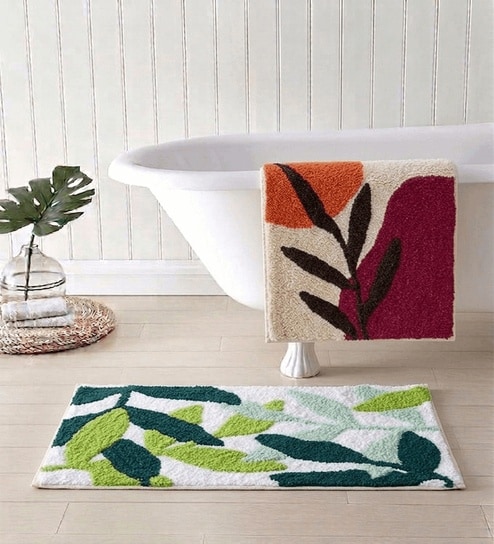 Multicolor Cotton 16X24 Inches Anti-Skid Bath Mat Set Of 2