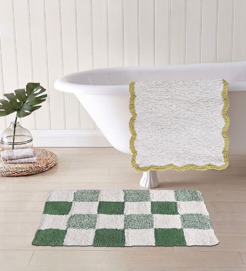 Green And Cream Cotton 16X24 Inches Anti-Skid Bath Mat Set Of 2