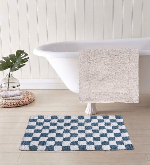 Blue And White Cotton 16X24 Inches Anti-Skid Bath Mat Set Of 2