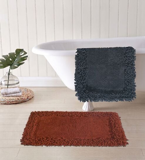 Red And Grey Cotton 16X24 Inches Anti-Skid Bath Mat Set Of 2