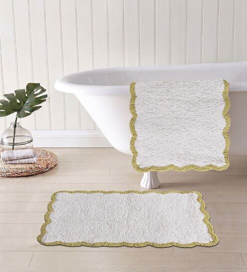 White Cotton 16X24 Inches Anti-Skid Bath Mat Set Of 2