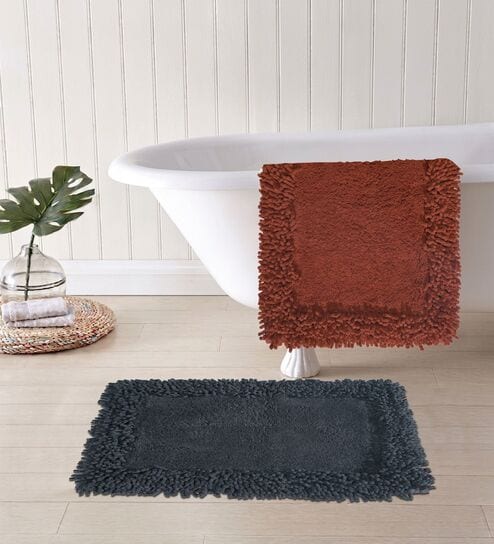 Grey And Red Cotton 16X24 Inches Anti-Skid Bath Mat Set Of 2