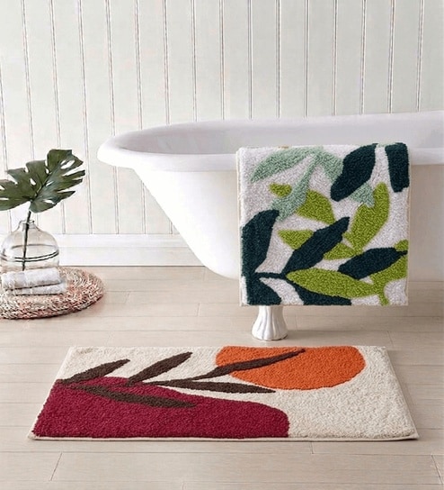 Multicolor Cotton 16X24 Inches Anti-Skid Bath Mat Set Of 2