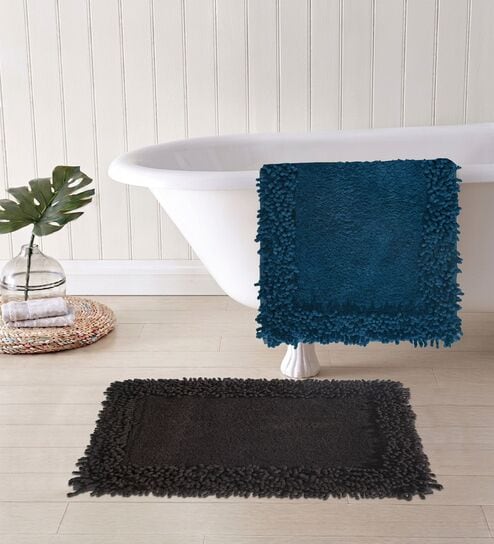 Blue And Grey Cotton 16X24 Inches Anti-Skid Bath Mat Set Of 2