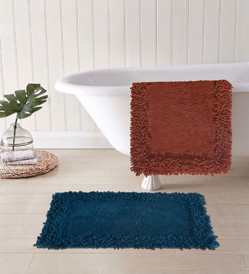 Blue And Red Cotton 16X24 Inches Anti-Skid Bath Mat Set Of 2