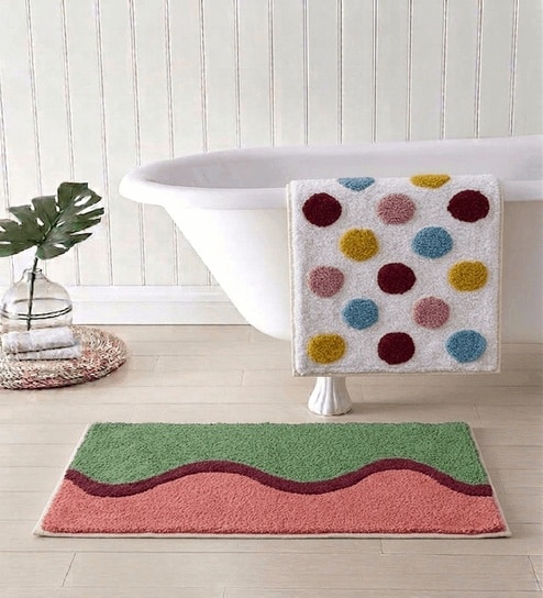 Multicolor Cotton 16X24 Inches Anti-Skid Bath Mat Set Of 2