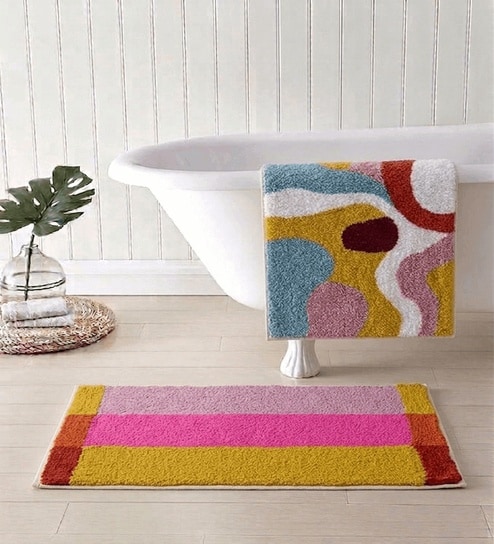 Multicolor Cotton 16X24 Inches Anti-Skid Bath Mat Set Of 2