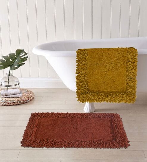 Red And Yellow Cotton 16X24 Inches Anti-Skid Bath Mat Set Of 2