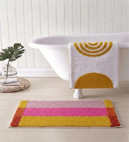 Multicolor Cotton 16X24 Inches Anti-Skid Bath Mat Set Of 2