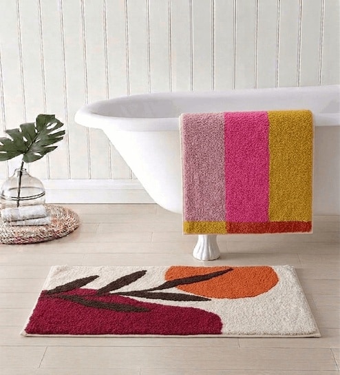 Multicolor Cotton 16X24 Inches Anti-Skid Bath Mat Set Of 2