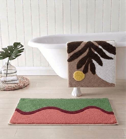 Multicolor Cotton 16X24 Inches Anti-Skid Bath Mat Set Of 2