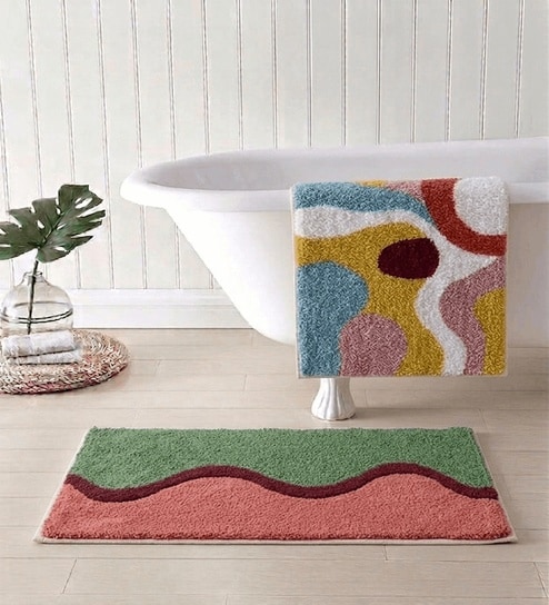 Multicolor Cotton 16X24 Inches Anti-Skid Bath Mat Set Of 2