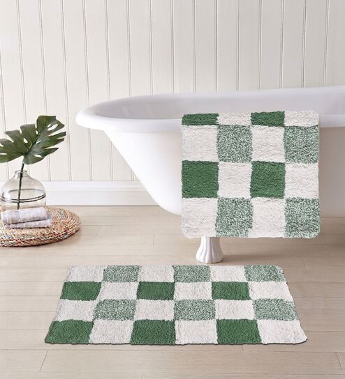 Green Cotton 16X24 Inches Anti-Skid Bath Mat Set Of 2