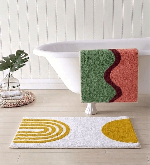 Multicolor Cotton 16X24 Inches Anti-Skid Bath Mat Set Of 2