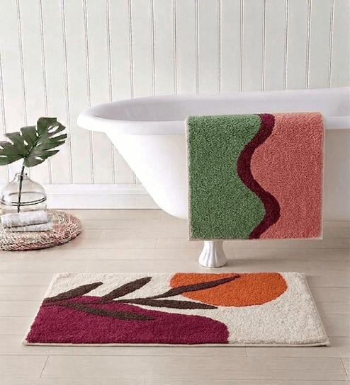 Multicolor Cotton 16X24 Inches Anti-Skid Bath Mat Set Of 2
