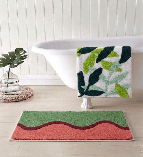 Multicolor Cotton 16X24 Inches Anti-Skid Bath Mat Set Of 2