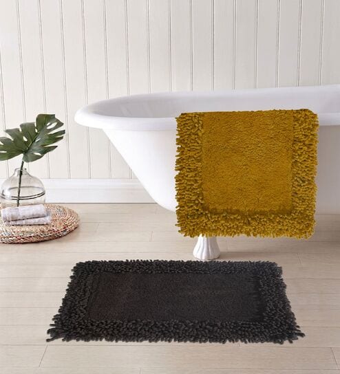 Grey And Yellow Cotton 16X24 Inches Anti-Skid Bath Mat Set Of 2