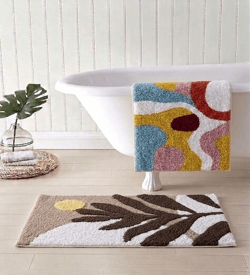 Multicolor Cotton 16X24 Inches Anti-Skid Bath Mat Set Of 2