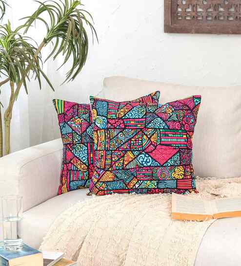 Multicolor Cotton Abstract 16x16 inches Cushion Cover Set of 2