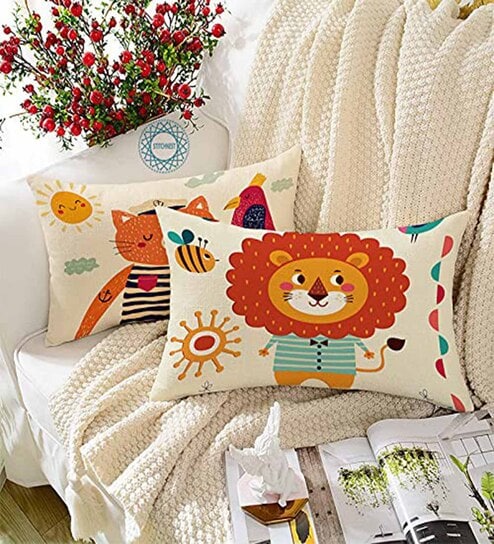 Multicolor Cotton Animal 18x12 inches Cushion Covers (Pack of 2)