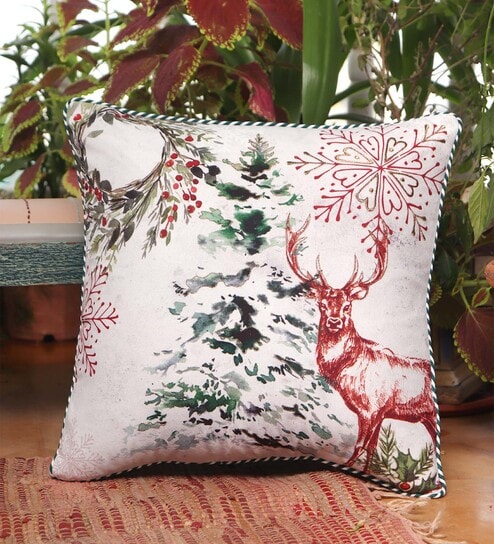 Multicolor Floral & Deer Cotton Blend 16 x 16 Inches Cushion Cover by Zeba
