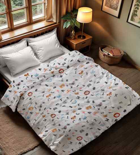 White Cotton Cartoon 280 GSM Double Bed Reversible Comforter
