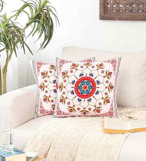 Multicolor Cotton Floral 16x16 inches Cushion Cover Set of 2