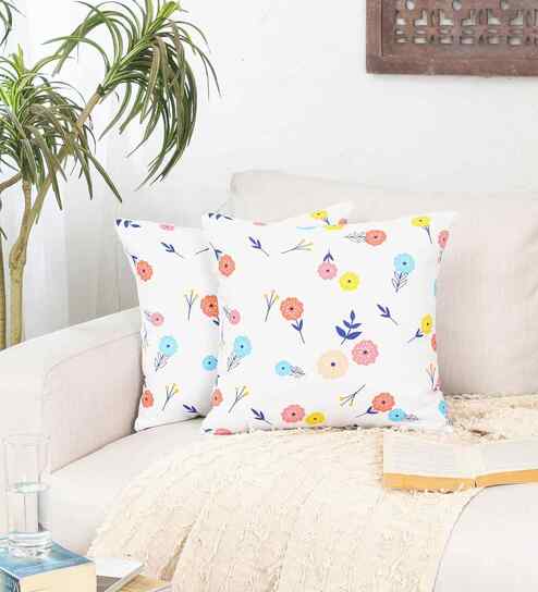 Multicolor Cotton Floral 16x16 inches Cushion Cover Set of 2