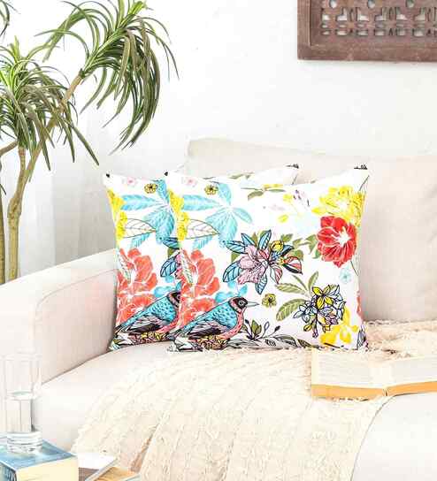 Multicolor Cotton Floral 16x16 inches Cushion Cover Set of 2