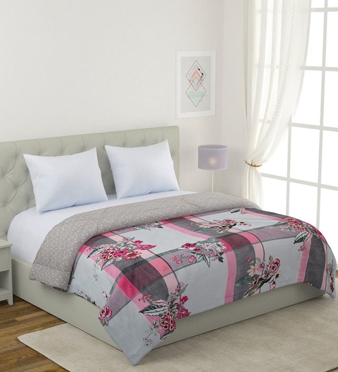 Grey And Pink Cotton Floral 200 GSM Double Bed Comforter
