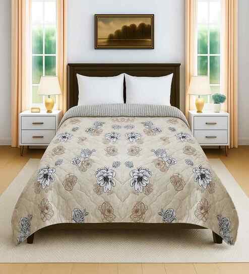 Beige Cotton Floral 300 GSM Double Bed Reversible Comforter