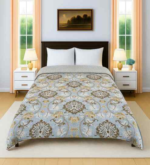 Blue and Brown Cotton Floral 300 GSM Double Bed Reversible Comforter