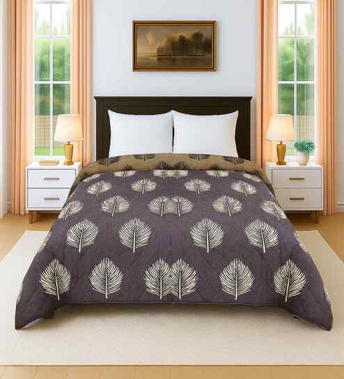 Brown Cotton Floral 300 GSM Double Bed Reversible Comforter