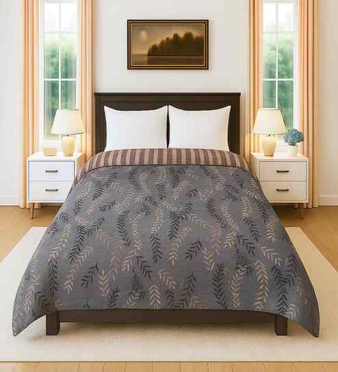Grey Cotton Floral 300 GSM Double Bed Reversible Comforter
