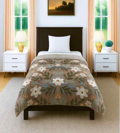 Brown Cotton Floral 300 GSM Single Bed Reversible Comforter