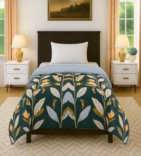 Green Cotton Floral 300 GSM Single Bed Reversible Comforter