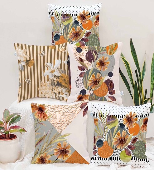 Multicolor Cotton Florals 16x16 inches Cushion Covers (Pack of 5)
