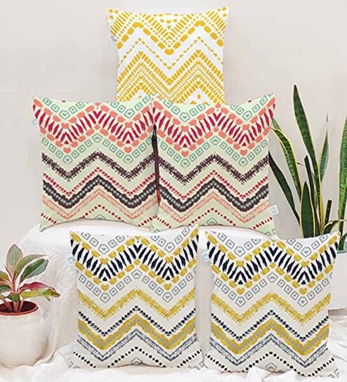 Multicolor Canvas Cotton Geometric 16x16 inches Cushion Covers (Pack of 5)